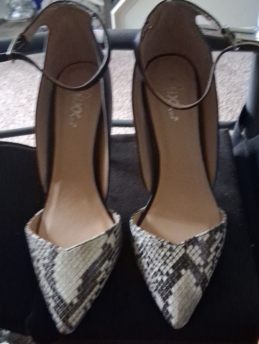 Mixx Shuz Snake Print Pointed Toe Ankle Strap Heels in Tan and Black